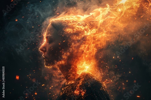 A dramatic representation of a figure engulfed in flames, with the facial details consciously obscured for privacy photo