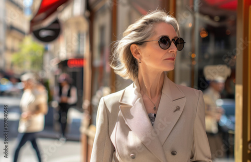 an elegant middle aged woman in a beige blazer and white blouse, sunglasses walking on the streets of Paris