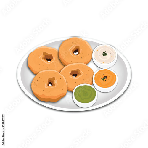 Crispy Medu Vada on Plate With Different chuneys