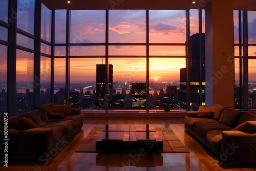 Luxury interior design showcase featuring a spacious living room with floor-to-ceiling windows overlooking a cityscape at dusk  elegant decor highlighting modern aesthetics 