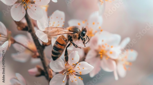 A bee pollinating a flower. The bee is covered in pollen and the flower is surrounded by green leaves. The background is a soft, out of focus blur.