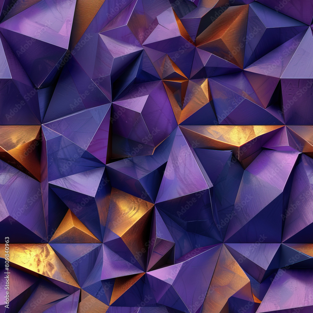 Obraz premium Seamless pattern of vibrant abstract geometric artwork featuring sharp triangular shapes in shades of purple, blue, and gold, with textured and glossy surfaces.