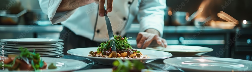Set in a professional kitchen, a chef meticulously plates a dish, capturing culinary expertise and fine dining experiences Set in a professional kitchen, a chef meticulously plates a dish, capturing culinary expertise and fine dining experiences