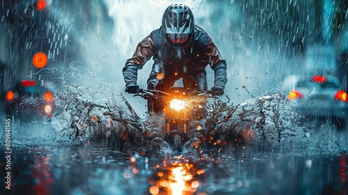 Extreme sports in motion blur, a motorcyclist wearing safety gear and splashing water, Generative AI.