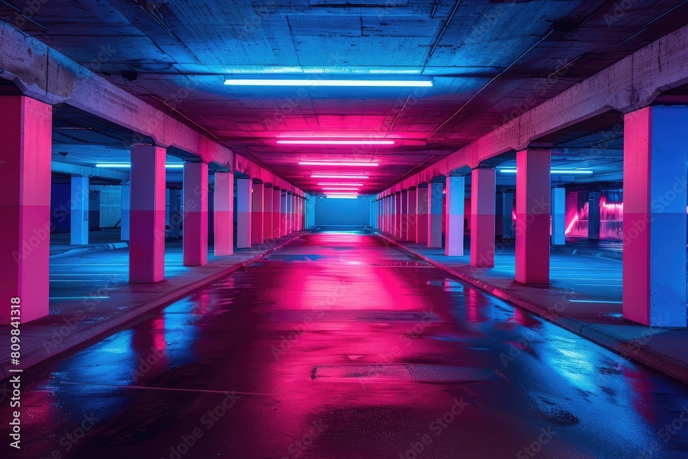 Fototapeta premium Neon multi-level underground parking in a shopping center. Modern nightlife