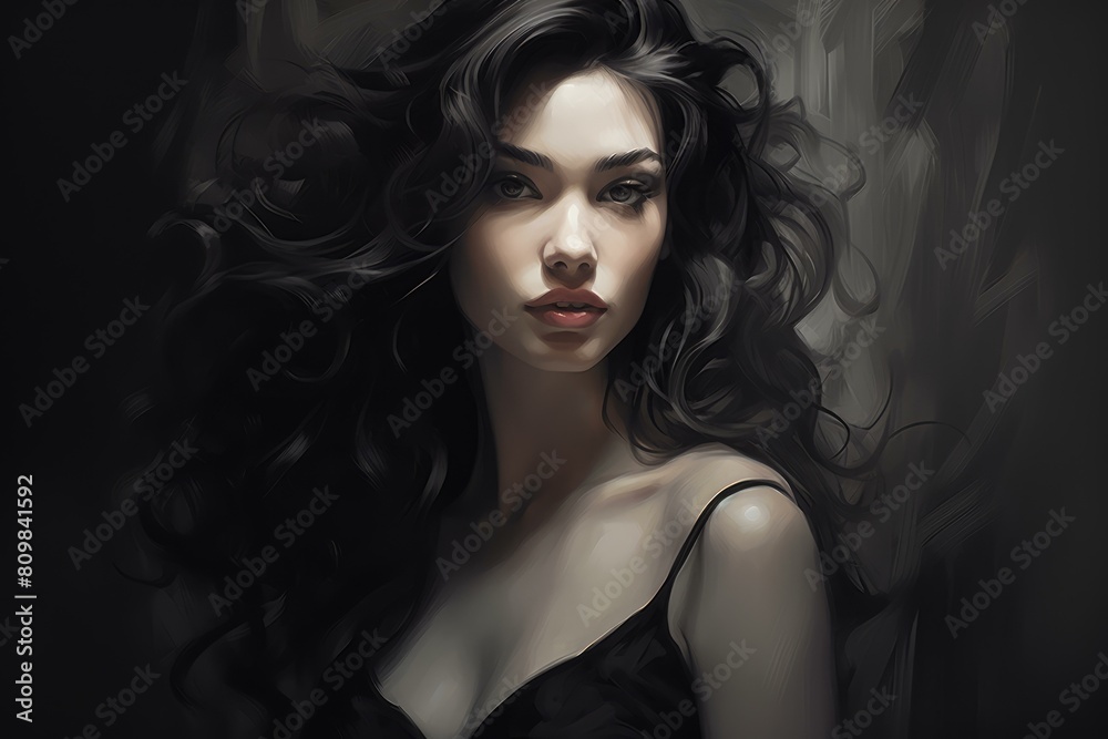 Digital art capturing a beautiful woman with striking eyes and flowing hair Digital art capturing a beautiful woman with striking eyes and flowing hair