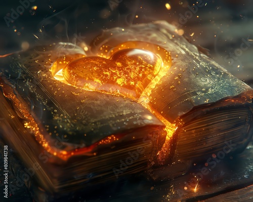 A mystical artwork where a heart in gold levitates over a digitally enchanted book