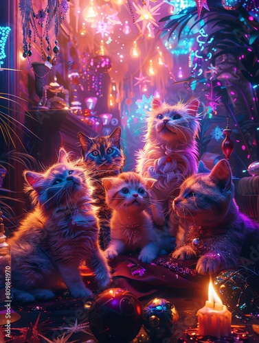 five cute cats in a room full of christmas decorations