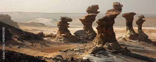 Otherworldly Martian Desert Sculptures Distinctive Wind Sculpted Rock Formations Standing in the Desolate Landscape of the Red Planet photo