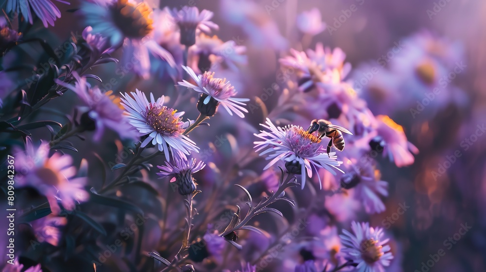 A bee pollinates a purple flower. The bee is surrounded by other purple flowers. The background is a soft, out-of-focus blur. A bee pollinates a purple flower. The bee is surrounded by other purple flowers. The background is a soft, out-of-focus blur.