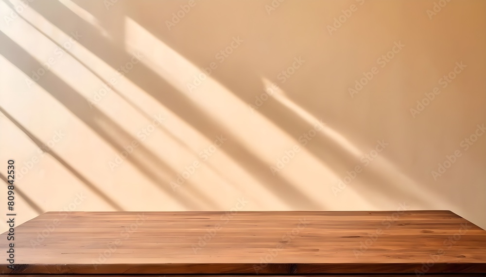 Empty Wooden table top with blurry background of shadow cream wall. Generative ai