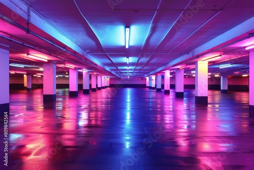 Neon multi-level underground parking in a shopping center. Modern nightlife © Alesia