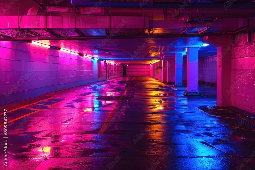 Neon multi-level underground parking in a shopping center. Modern nightlife Neon multi-level underground parking in a shopping center. Modern nightlife