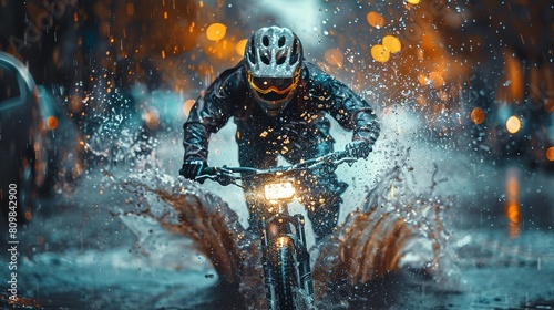 Extreme sports in motion blur, a motorcyclist wearing safety gear and splashing water, Generative AI. photo