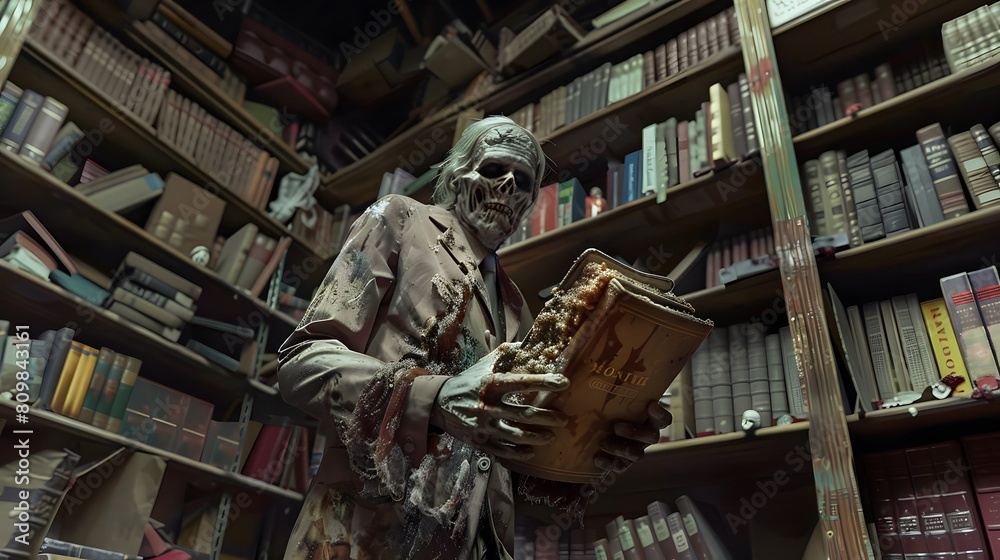 zombie librarian organizing shelves filled with books zombie librarian organizing shelves filled with books