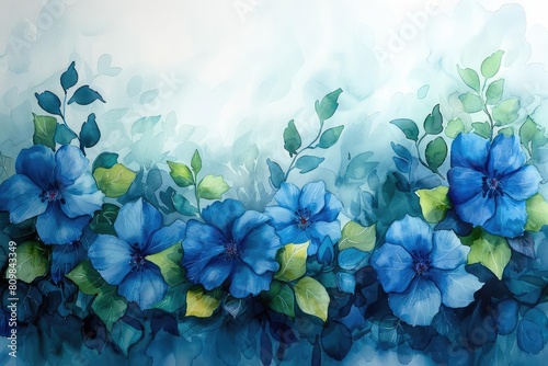 An arrangement of morning glories painted in watercolors with a wet on wet technique photo
