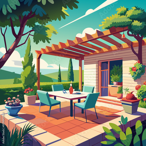 Residential terrace summer outdoor table setting with pergola