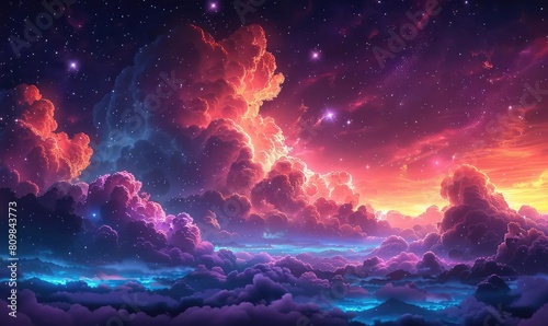 An ethereal dreamscape of vibrant clouds and twinkling stars