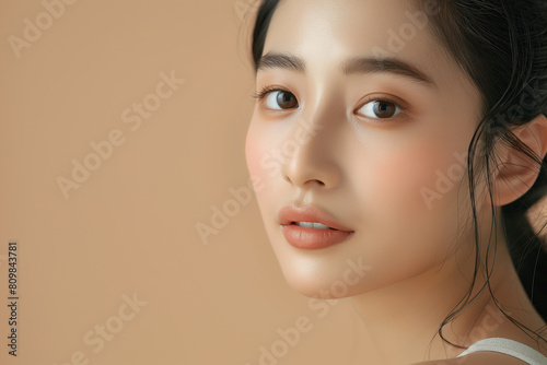 A beautiful korean beauty model woman with flawless makeup and perfect skin  touching her face gently against an isolated beige background  embodying the essence of beauty product advertising