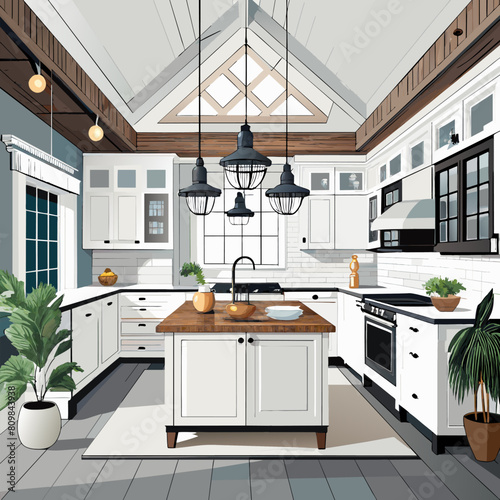 Beautiful white kitchen in contemporary farmhouse style luxury property with dark accents.