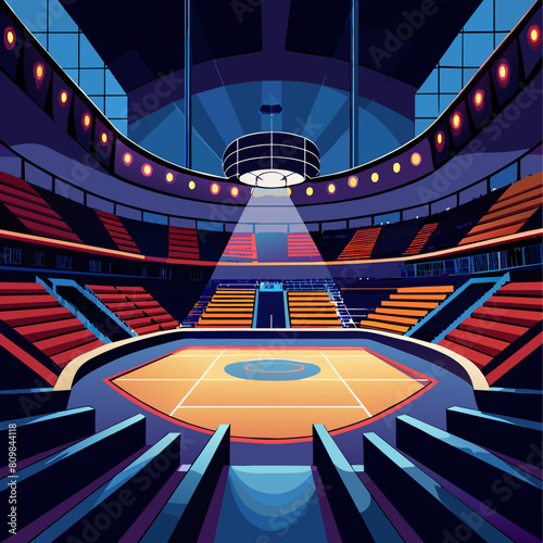 Basketball court, Empty basketball arena with dramatic lighting.