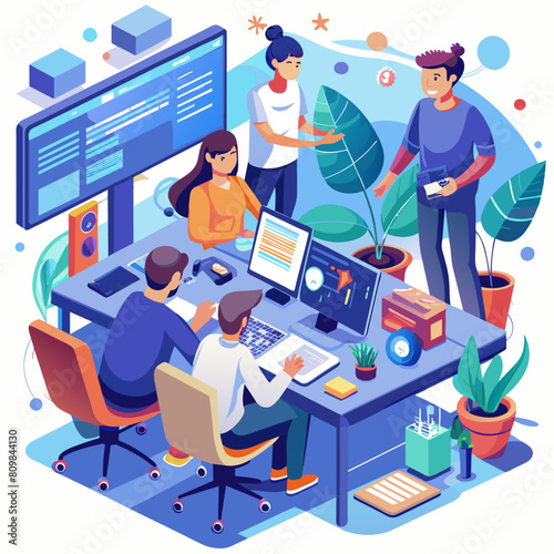 A scene showcasing a team of software developers coding, collaborating, and testing applications in a modern development environment
