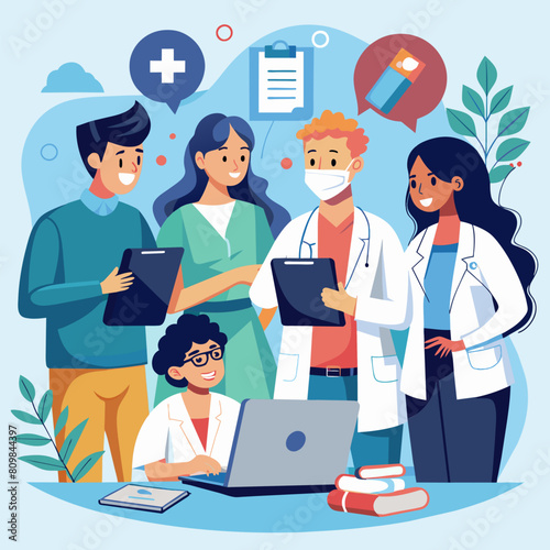 A group of healthcare workers collaborating and discussing patient care, highlighting the importance of teamwork in the medical field