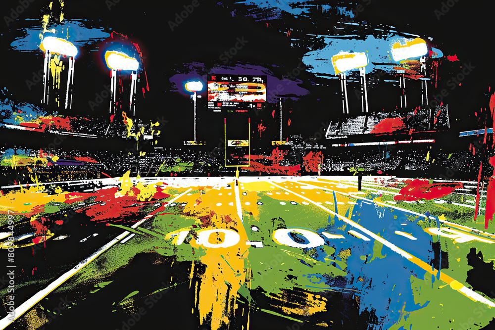 Obraz premium Colorful Sport Arena American Football Field, Soccer Ball Event Illustration