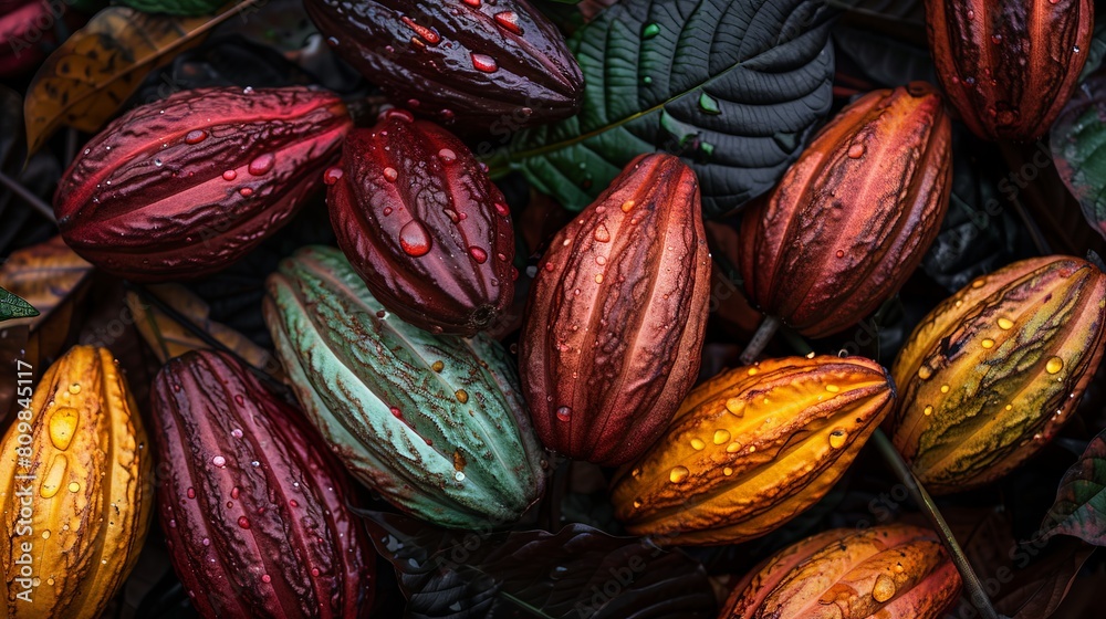 A close-up of cocoa pods bursting with rich colors, nestled among thick leaves, dew drops glistening under the early morning light