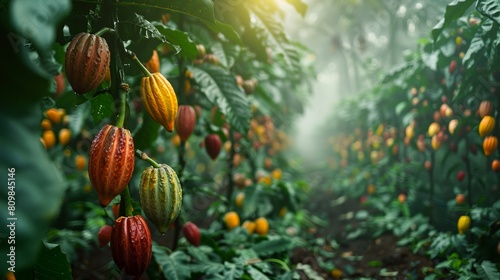 Cocoa pods ready for picking, a sea of colorful pods visible through the dense foliage, morning mist creating a serene atmosphere