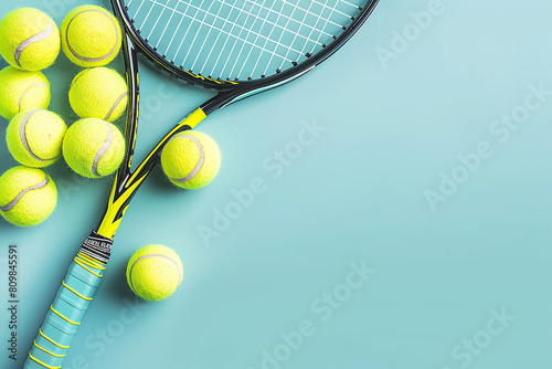 Tennis Racket Equipment, Yellow Ball, Blue Background, Sport Game Competition