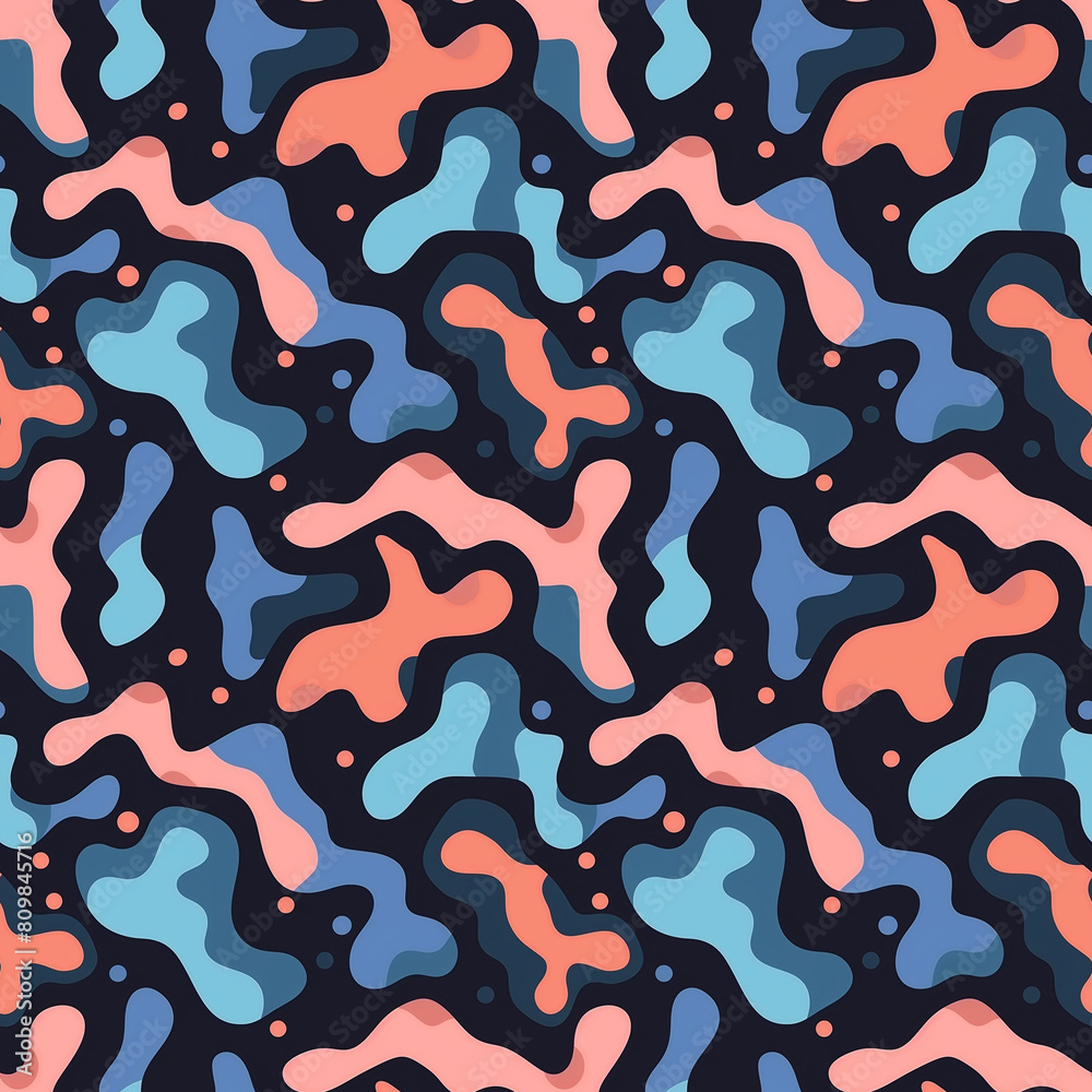 Elegant seamless design of blue and orange abstract blobs, adding sophistication to decorative prints