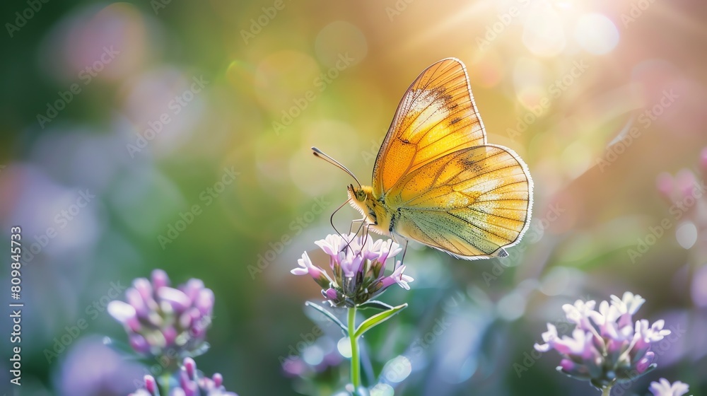 A beautiful butterfly sits on a flower in a field of flowers. The butterfly is yellow with black and white markings on its wings. A beautiful butterfly sits on a flower in a field of flowers. The butterfly is yellow with black and white markings on its wings.