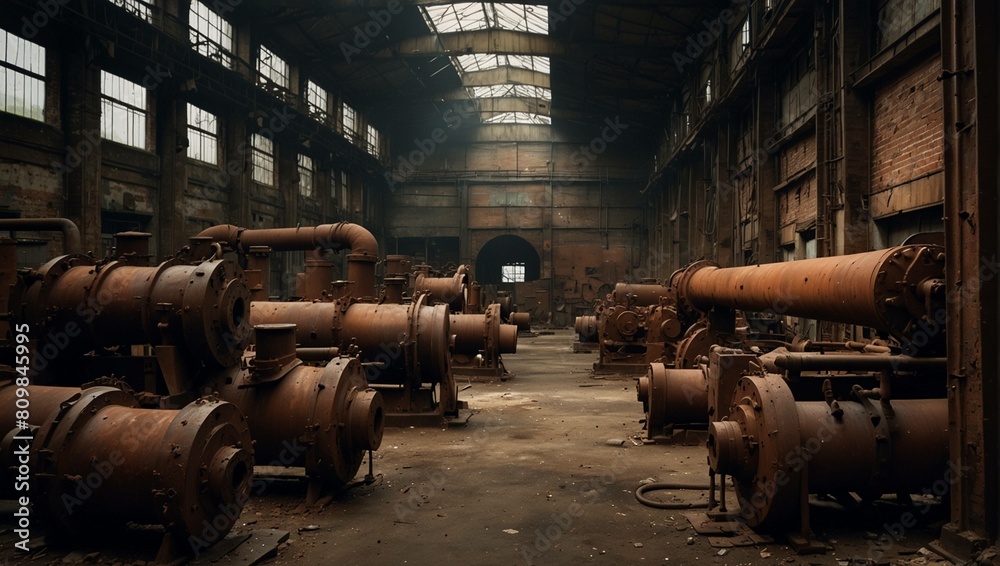 A large, dark industrial hall with many rusty machines. Sunlight streams in from above. A large, dark industrial hall with many rusty machines. Sunlight streams in from above.