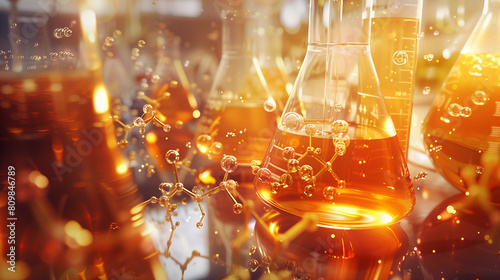 Close-Up of Scientific Experiments with Flasks and Bubbles photo
