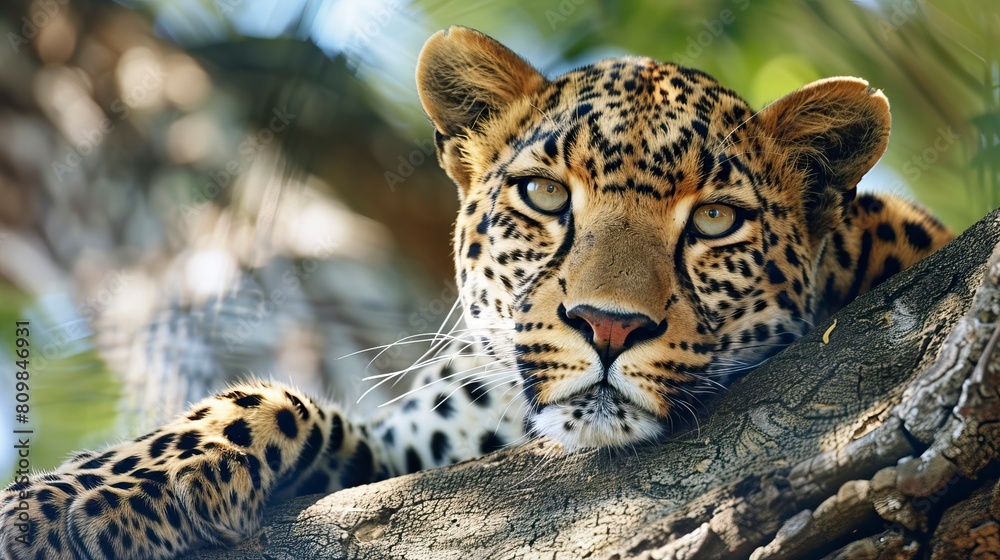 Obraz premium A beautiful lepard on the tree is watching 