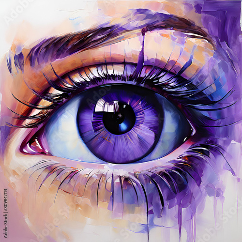 a vibrant painting showcasing a womans eye with violet iris detailed eyelashes and flawless eyebro,A vibrant painting showcasing a womans eye with violet iris, detailed eyelashes, and flawless eyebrow photo
