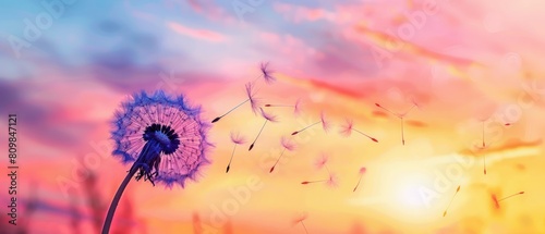 Fototapeta Naklejka Na Ścianę i Meble -  dandelion vibrant sunset sky spring background panoramic view