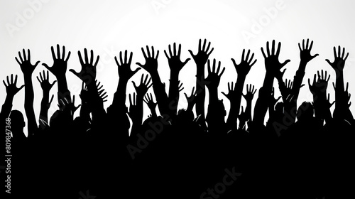 black white people group hold hands up at a concert or demonstration, Siloute 
 photo