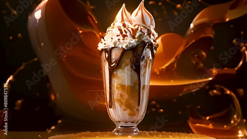 Slow Motion shot of milkshake with syrup. Dynamic and deliciously messy moment captured as chocolate sundae splashes against dark background, with whipped cream. Rich dessert pleasure. food concept.