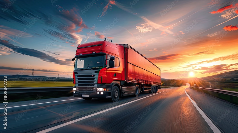 A semi truck speeding along a highway with a vibrant sunset in the background, symbolizing logistics and transport.