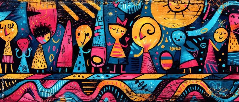 Against a vibrant background, children graffitied in a riot of colors Against a vibrant background, children graffitied in a riot of colors