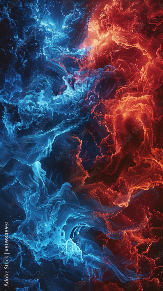 A dynamic interplay of electric blue and bright red waves, surging upwards with the intensity of a dramatic clash of titans. A dynamic interplay of electric blue and bright red waves, surging upwards with the intensity of a dramatic clash of titans.