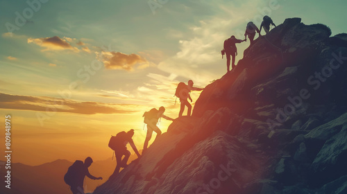 concept business success trekking travel work team helping climbing mountain peak people group together hand leadership trust collaborating hope support sunset freedom motion active help climb © Ja