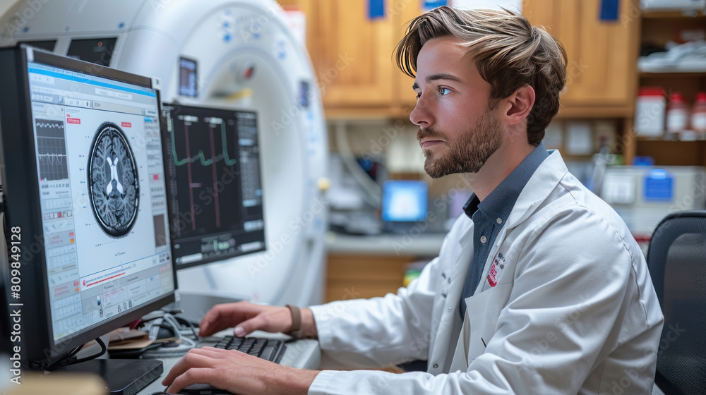 A radiologist sits behind a computer monitor, engrossed in the examination of a magnetic resonance imaging (MRI) image.