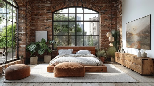 Vintage bedroom in front of industrial brick wall - bed in altem fabrik loft photo