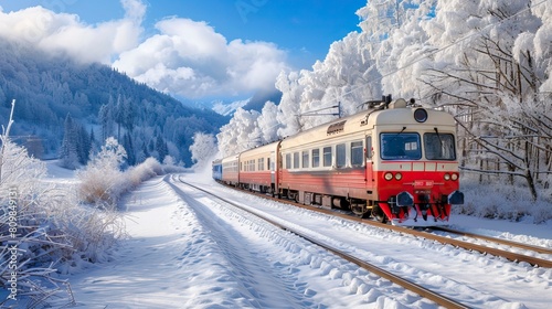 A beautiful train rides on snow-covered rails