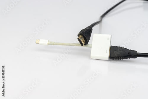 Lightning digital AV adapter connected to HDMI cable isolated on white background photo