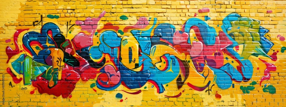 Colorful graffiti text on a yellow brick wall background. The graffiti is in the style of colorful street art. Colorful graffiti text on a yellow brick wall background. The graffiti is in the style of colorful street art.