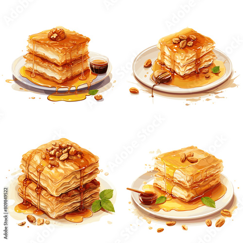 Delicious baklava dessert with layers of crispy phyllo dough, honey syrup, and nuts. A sweet and rich Middle Eastern pastry, perfect for food photography, menus, and culinary designs.